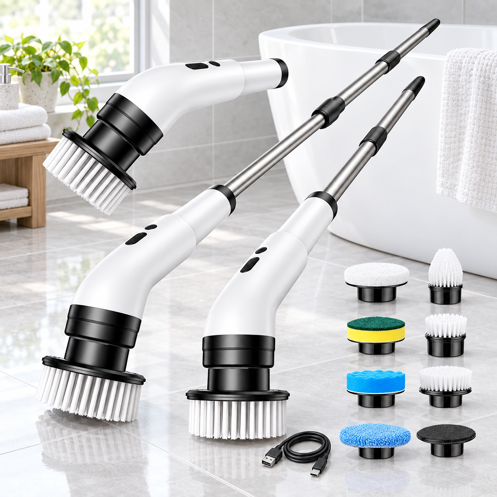 Cepillo eléctrico recargable con mango extensible y cabezales