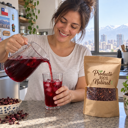 Mujer sirviendo agua de flor de Jamaica helada en su cocina