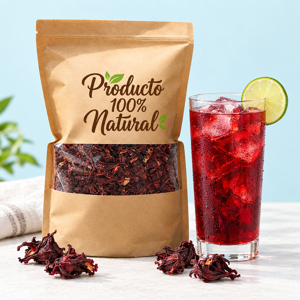 Flor de Jamaica Premium 250 g con vaso de agua de jamaica helada