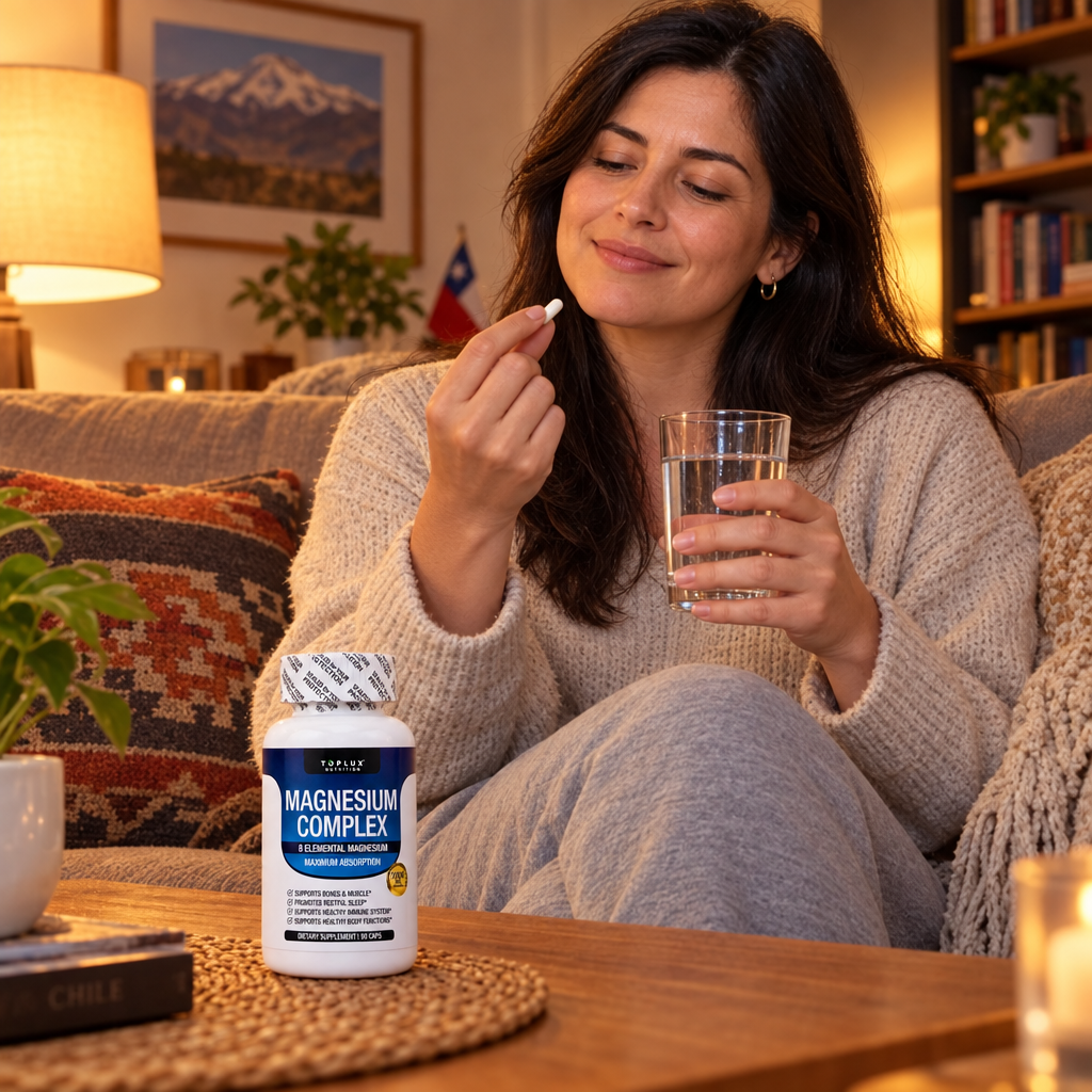 Mujer tomando Magnesium Complex en la noche