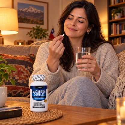 Mujer tomando Magnesium Complex en la noche