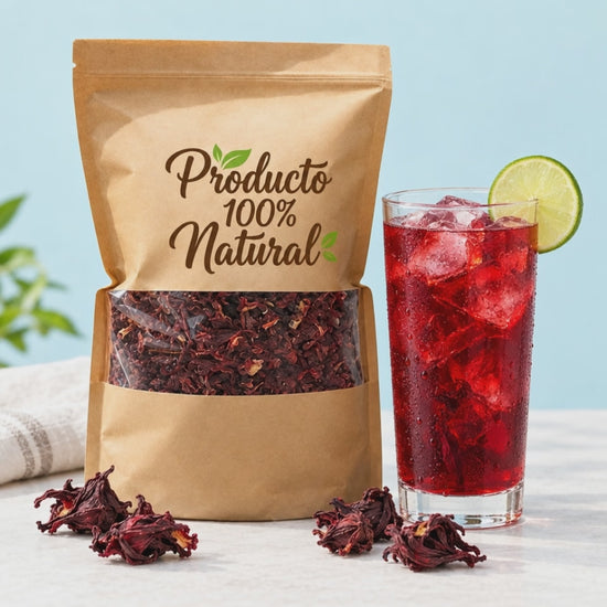 Flor de Jamaica Premium 250 g y vaso de agua de jamaica helada