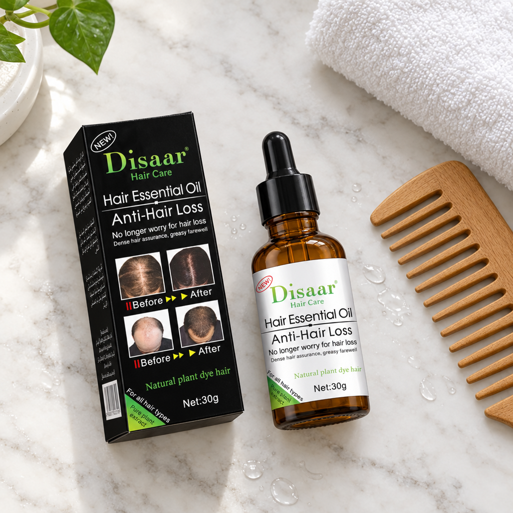 Serum anticaída en el baño con peineta y toalla
