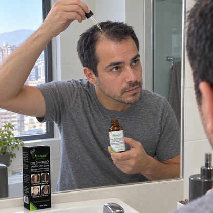 Hombre aplicando el serum anticaída en la entrada del pelo