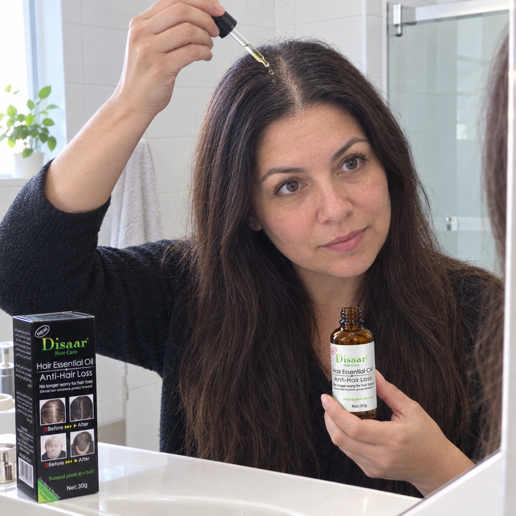 Mujer aplicando el serum anticaída en la partidura